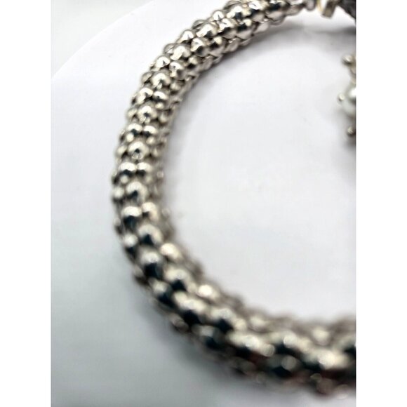 Pretty Silver Tone Faux Pearl crystal bead and Rhinestone textured Bracelet - Picture 6 of 7